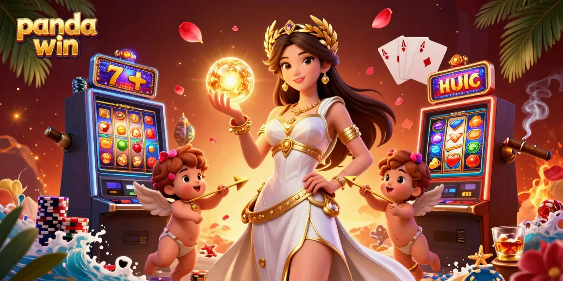 Keberhasilan permainan slot Panda Win digambarkan dengan seorang wanita berpakaian Yunani di tengah gulungan slot yang berwarna-warni dan menara chip.