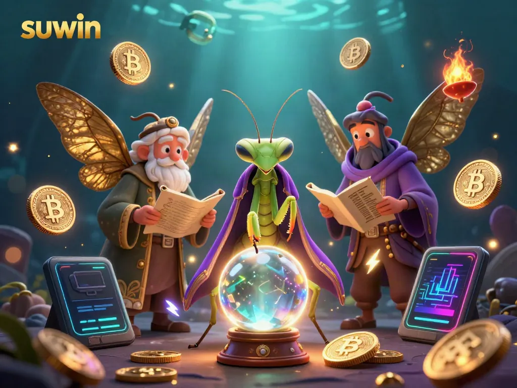 Suwin captures an enchanting casino scene with a fortune teller and a librarian amidst glowing crypto elements.