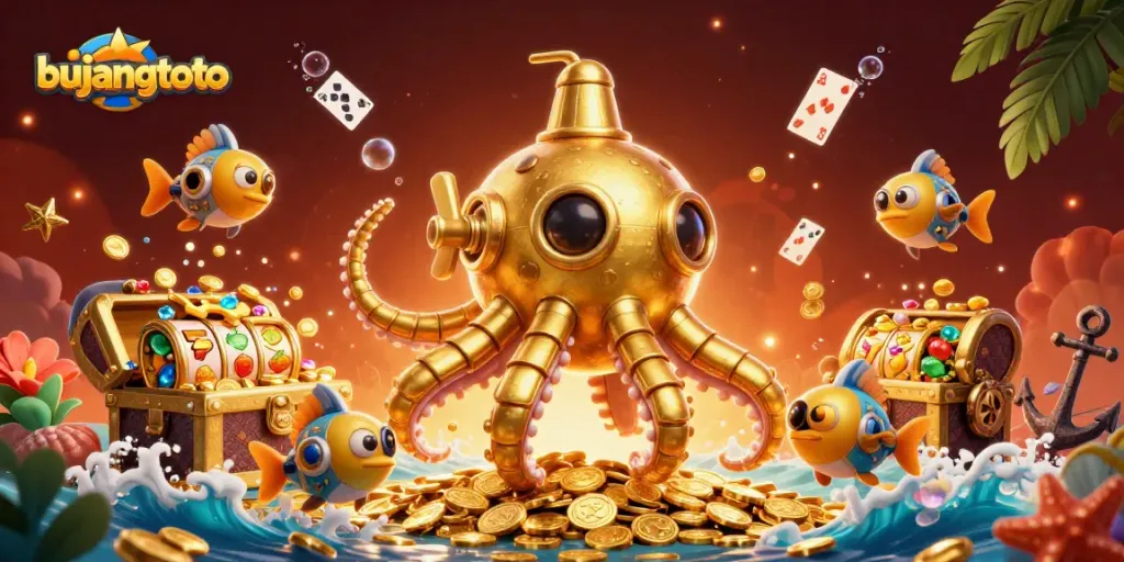 Bujangtoto invites players to experience the thrill of winning with stunning slots, featuring vibrant golden kraken submarine.