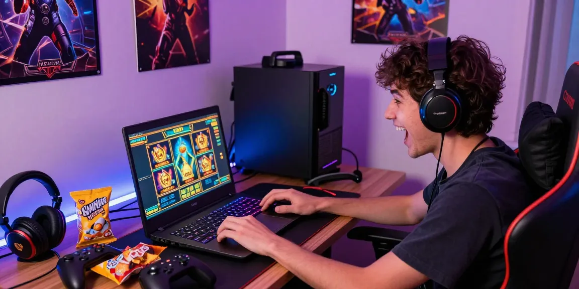 Pengalaman bermain slot online dengan laptop dan peralatan gaming di ruangan yang ceria.