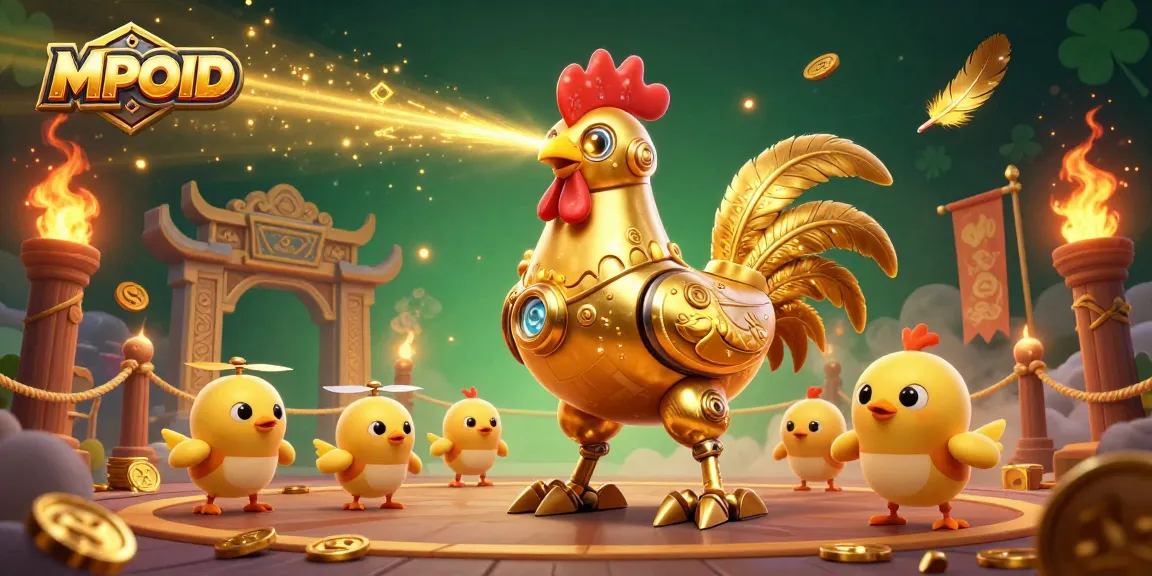 MPOID engages players with an action-packed illustration of a golden rooster robot shooting lasers amid a vibrant casino scene.