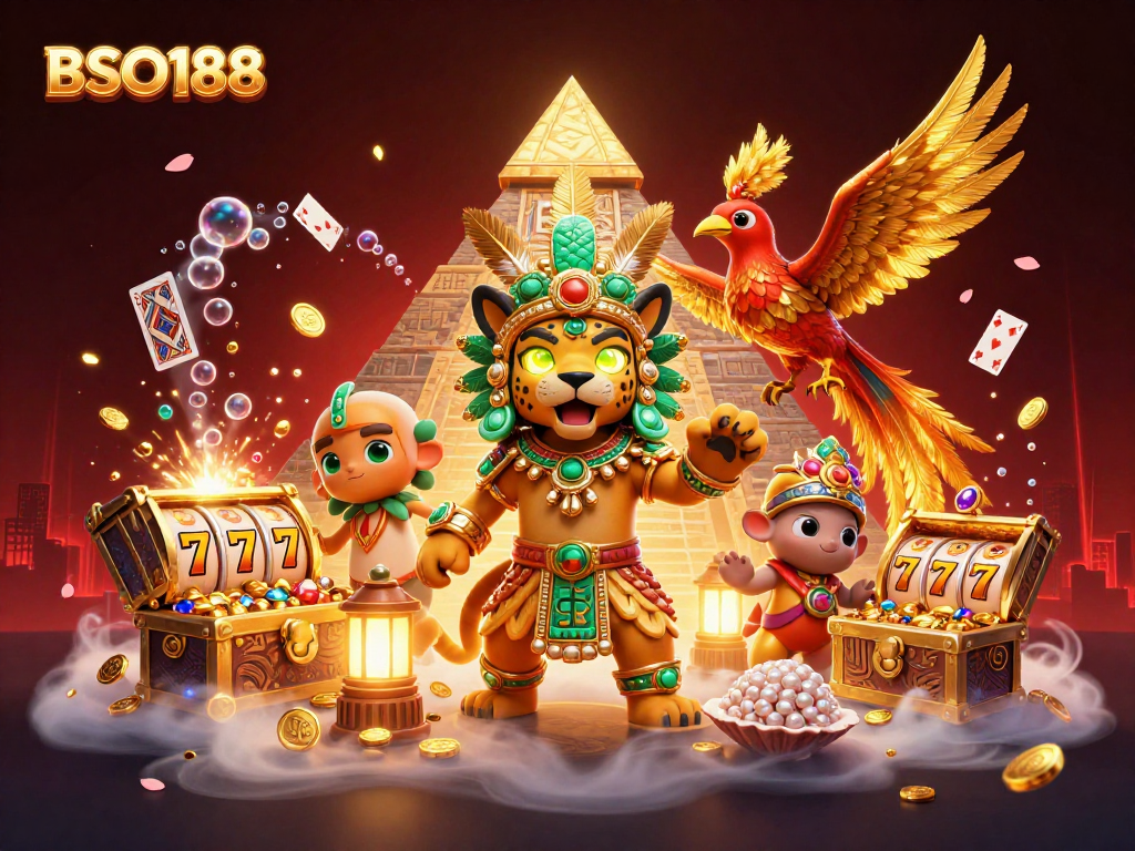 Engage in BSO188 thrills with the Mayan jaguar and vibrant game elements showcasing casino excitement.