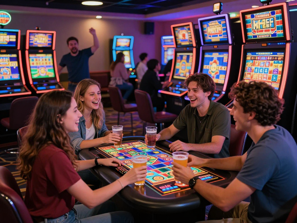 Teman-teman bersenang-senang bermain slot gacor di lounge judi yang cerah.