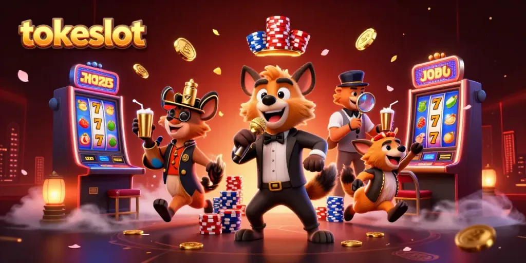 Experience entertainment at TokeSlot with a lively hyena casino scene showcasing laughter and gameplay.