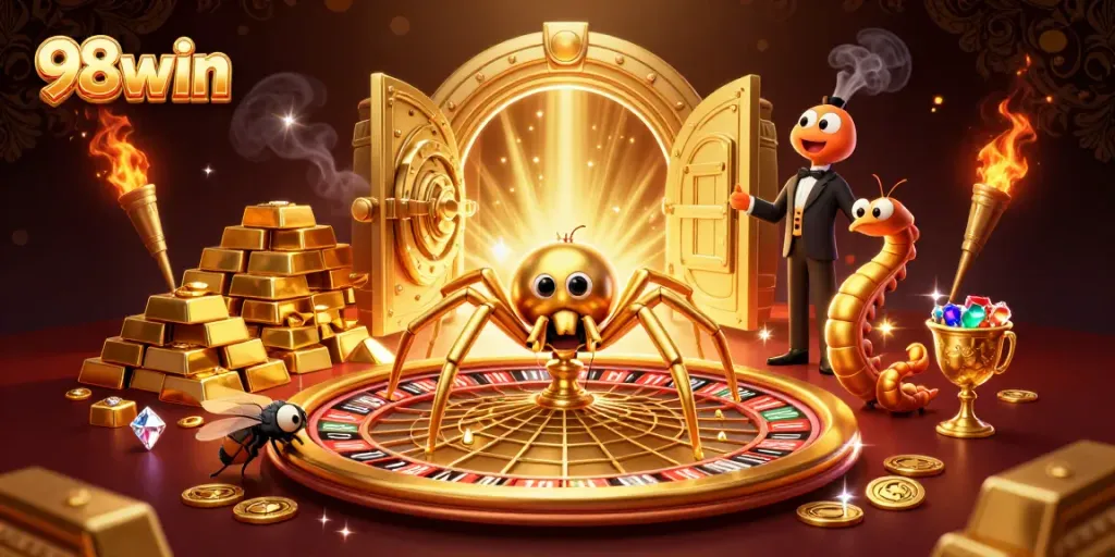 Experience the thrill of 98win as the fly nervously places bets in this vibrant casino scene.