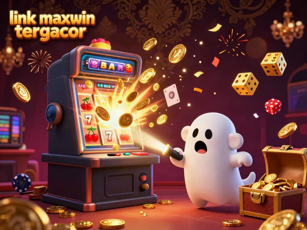 Engage with link maxwin tergacor in a thrilling 3D casino scene featuring a playful poltergeist monkey and a curious puppy amidst golden coins and a jackpot explosion.