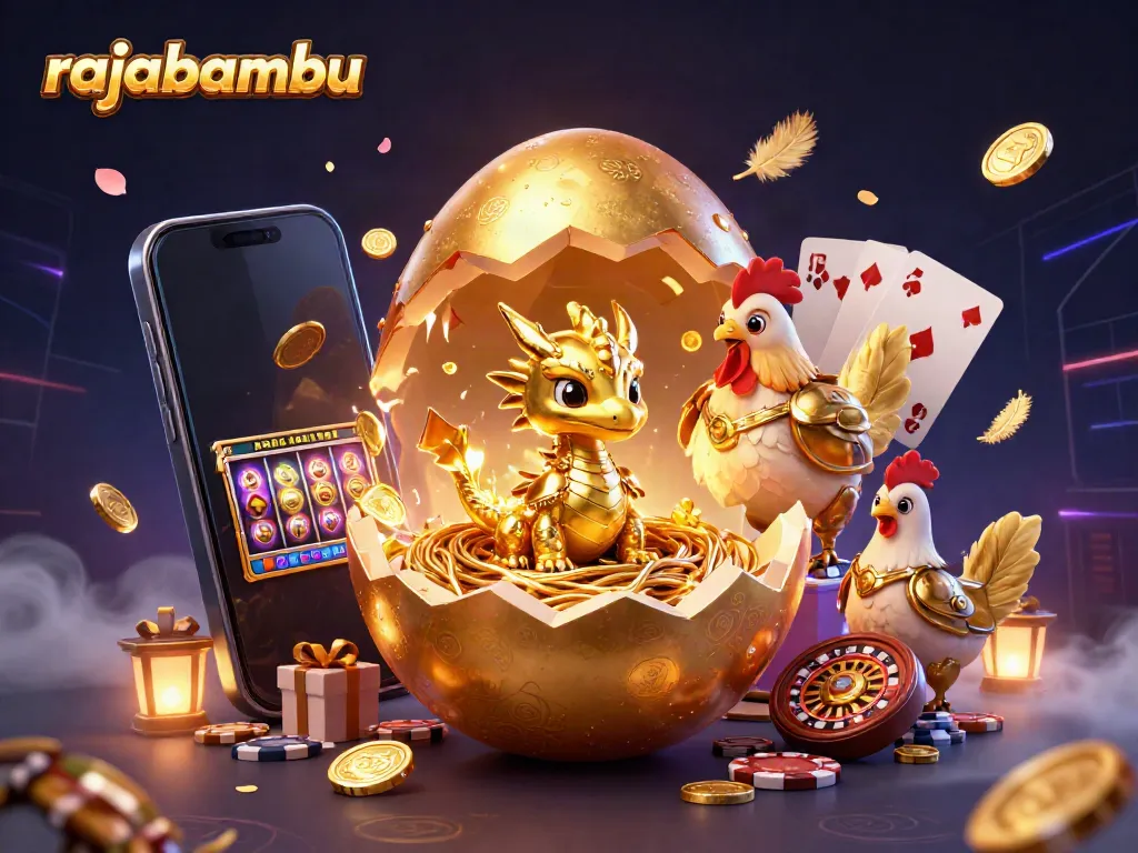 Rajabambu menampilkan naga emas dan perangkat slot dalam ilustrasi kasino mewah.