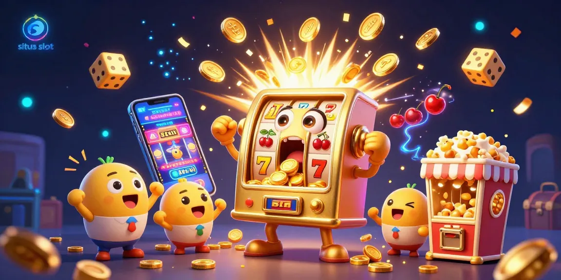 situs slot celebrates a jackpot moment with cartoon machines, vibrant elements, and festive confetti in a 3D illustration.