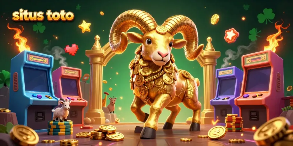 Situs toto showcases a dynamic scene with a golden ram charging at a casino gate, surrounded by arcade elements.