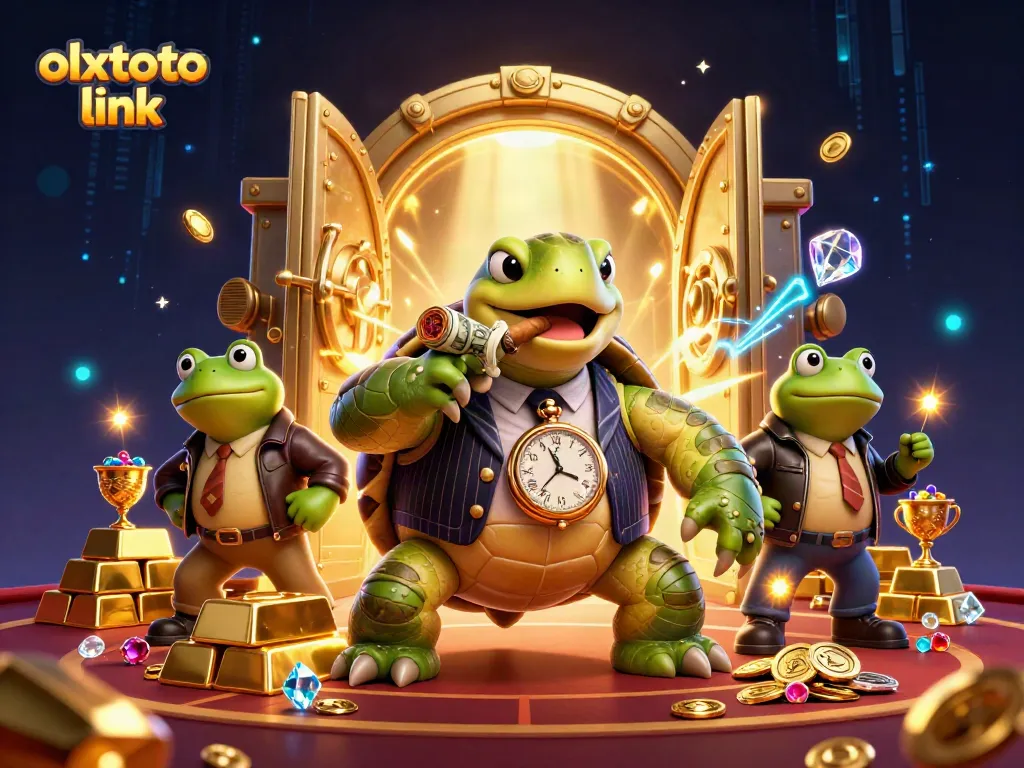 Engage with the OLXTOTO link, featuring a snapping turtle in a mobster suit and bullfrog enforcers on a vibrant casino scene.