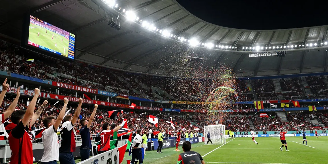 Suasana meriah saat pertandingan tebak skor piala dunia 2026 dengan penggemar merayakan gol.