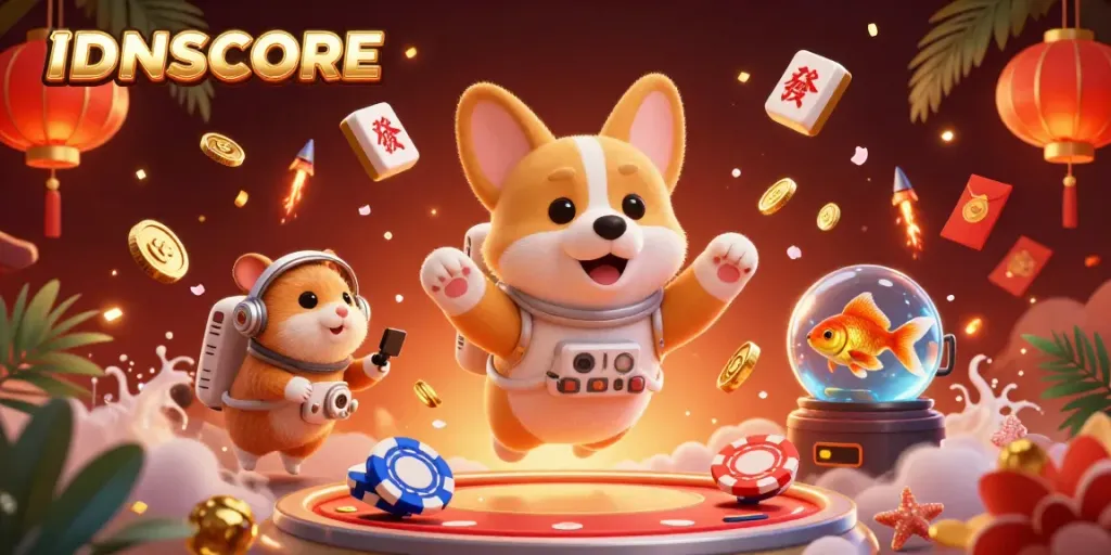 Experience IDNSCORE in a vibrant 3D casino scene with a playful astronaut corgi.