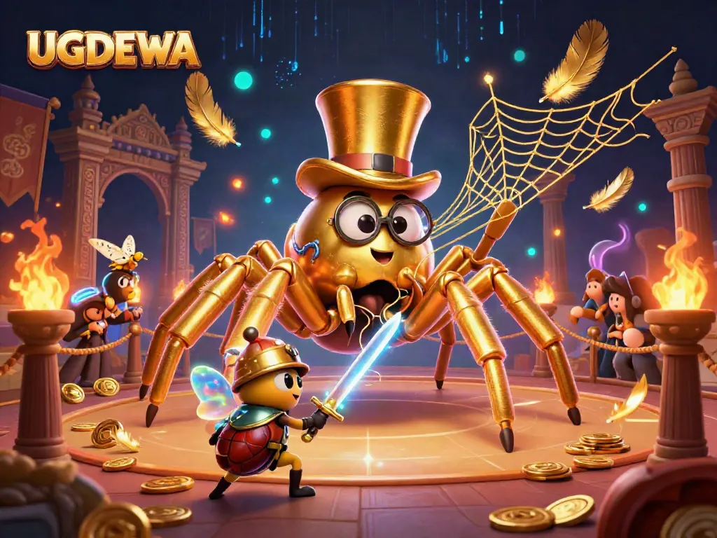 Experience the excitement of UGDEWA as the golden tarantula interacts with a beetle knight in a vibrant casino battle.
