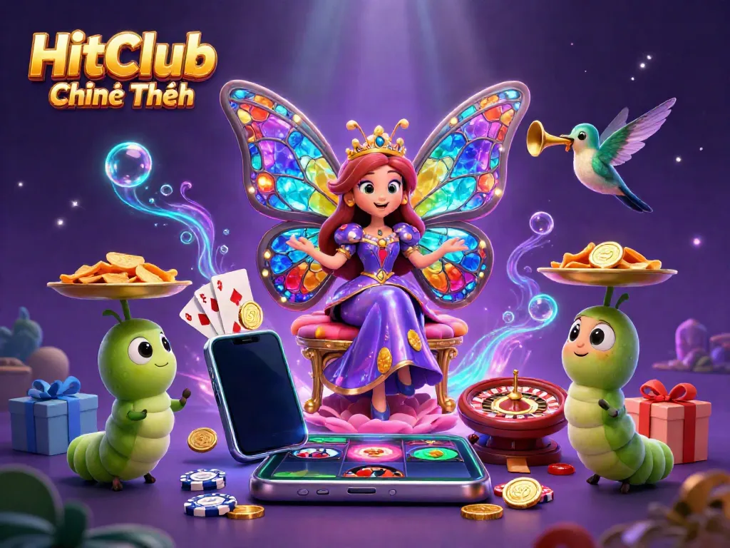 HitClub Chính Thức features a vibrant 3D digital illustration of a butterfly queen amidst casino elements, symbolizing exciting gaming.