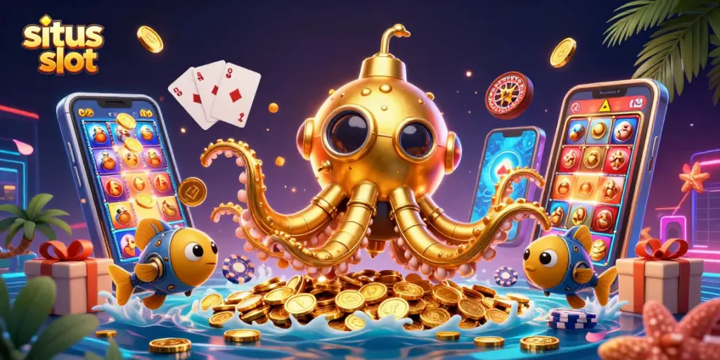 Menangkan jackpot di situs slot dengan layar smartphone penuh permainan menarik dan koin emas yang terbang.