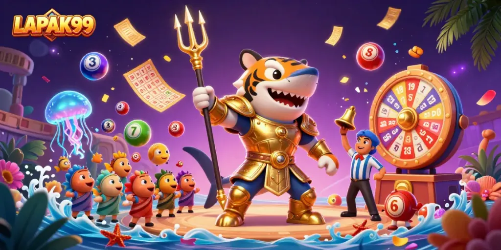 LAPAK99 showcases a vibrant casino atmosphere with a lively underwater colosseum filled with dynamic lottery elements.
