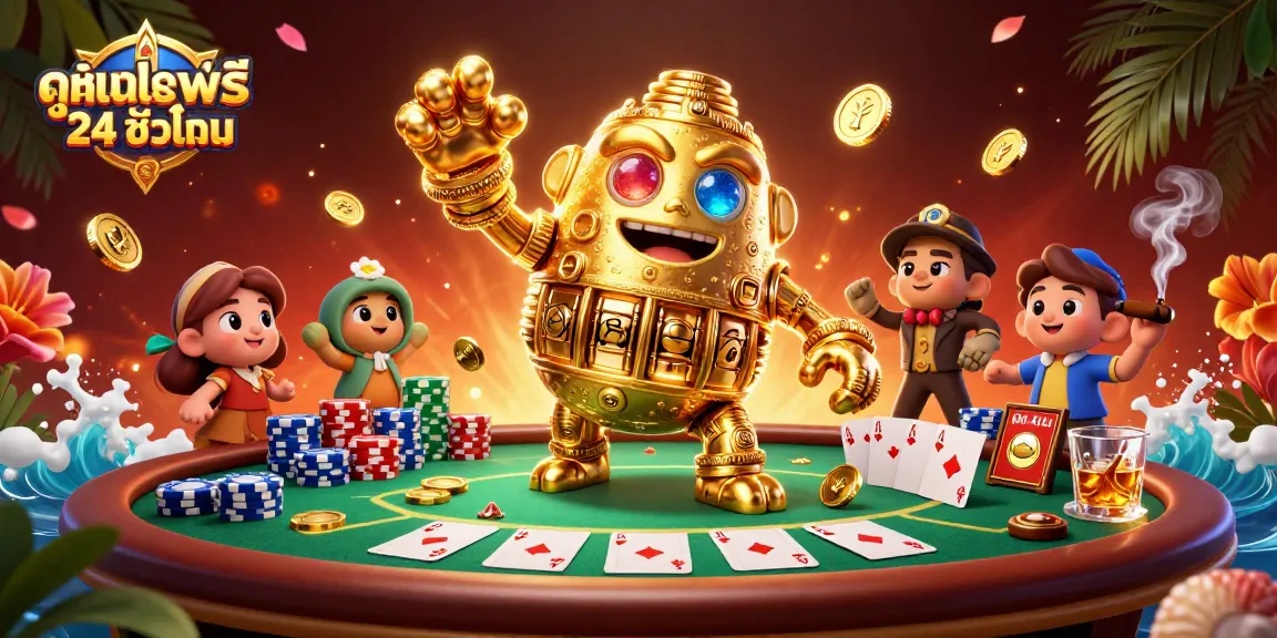 Engage with ดูหนังออนไลน์ฟรี 24 ชั่วโมง featuring a golden golem surrounded by poker elements and vibrant effects.