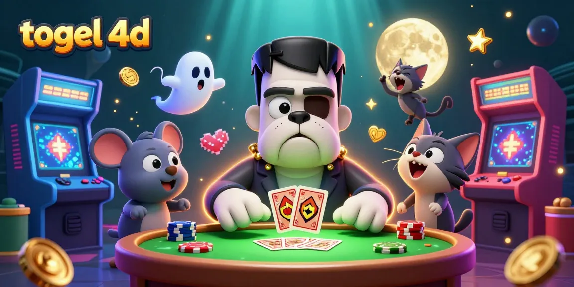 Permainan togel 4d yang menarik dan berwarna dengan karakter lucu dan elemen kasino lainnya.