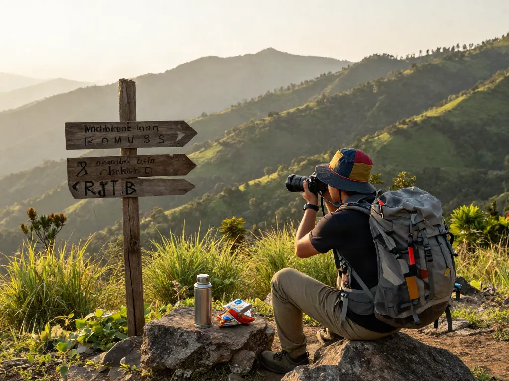 Pemandangan indah Pakhoki saat senja, pelancong mengambil foto dengan kamera DSLR di puncak bukit.