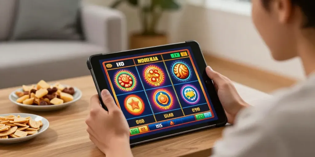 Pengguna menikmati permainan SLOT GACOR pada tablet dengan suasana nyaman di rumah.