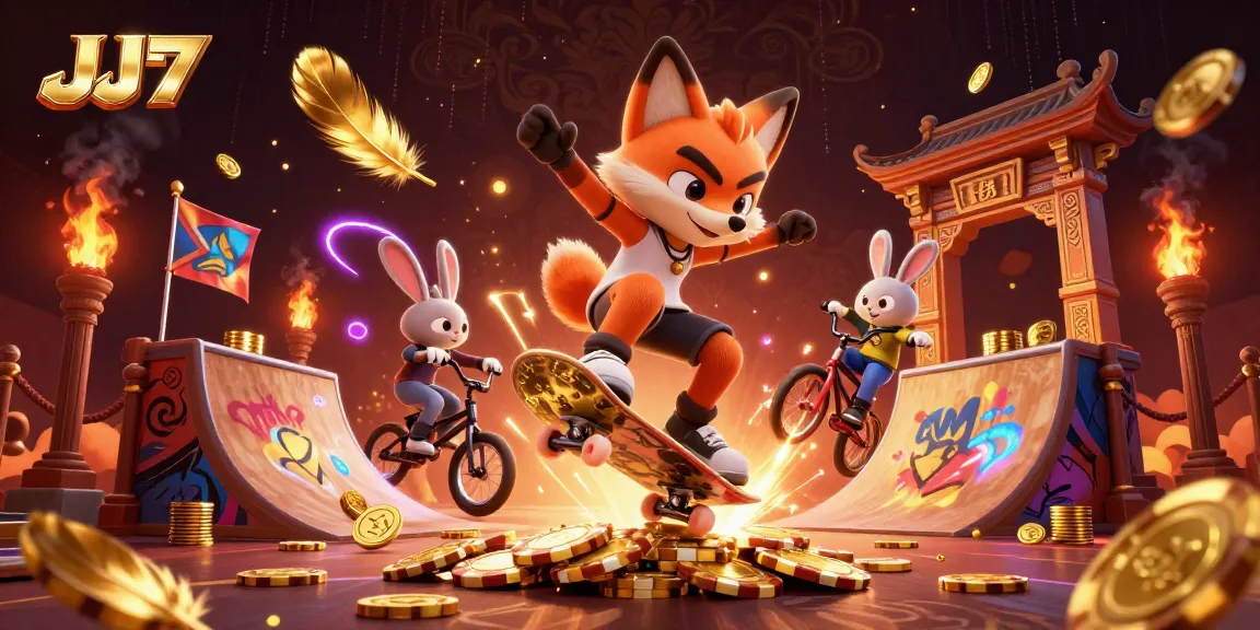 Experience immersive gaming action with JJ77 as a fox performs tricks on golden poker chips in a vibrant 3D casino world.