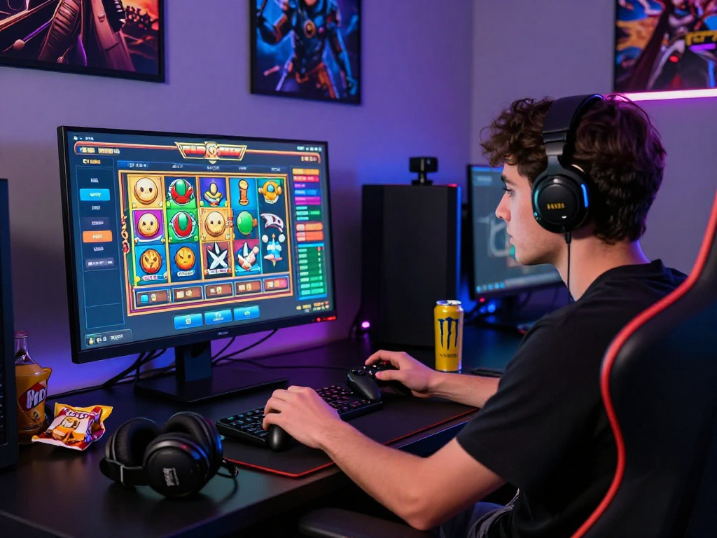 Pengguna jandaslot bermain permainan slot online dengan fokus tinggi di ruangan modern.