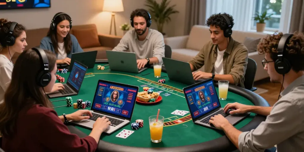 Friends engaging in a lively 2up casino blackjack game online.