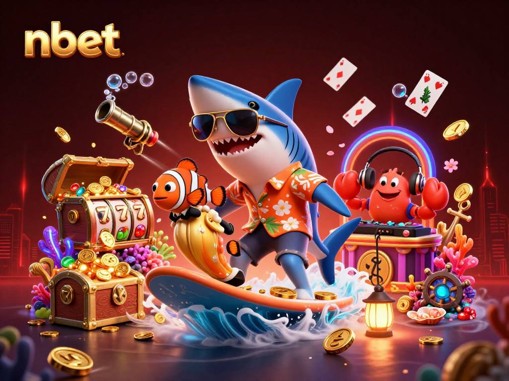 Experience the thrill of nbet with a lively scene of a shark surfing on coins and gaming elements.