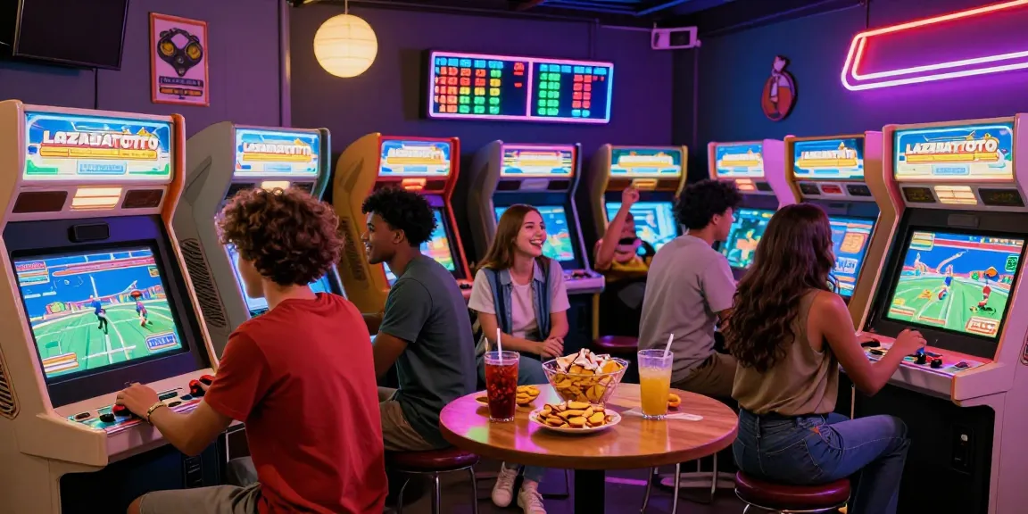 Pengalaman bermain game LAZADATOTO yang klasik di arcade dengan teman-teman, dikelilingi lampu neon dan suasana ceria.
