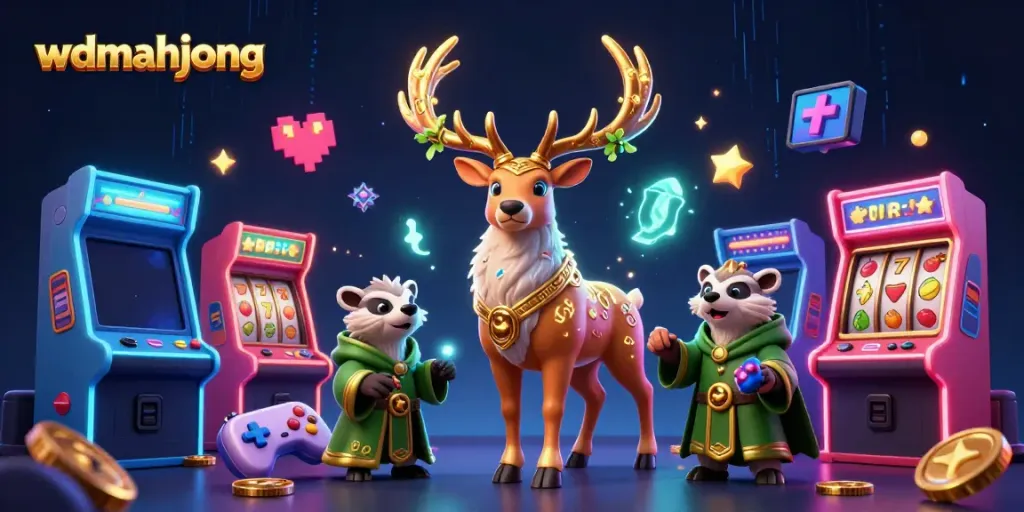 Experience the magic of wdmahjong with colorful slot machines and mystical creatures in a vibrant casino scene.
