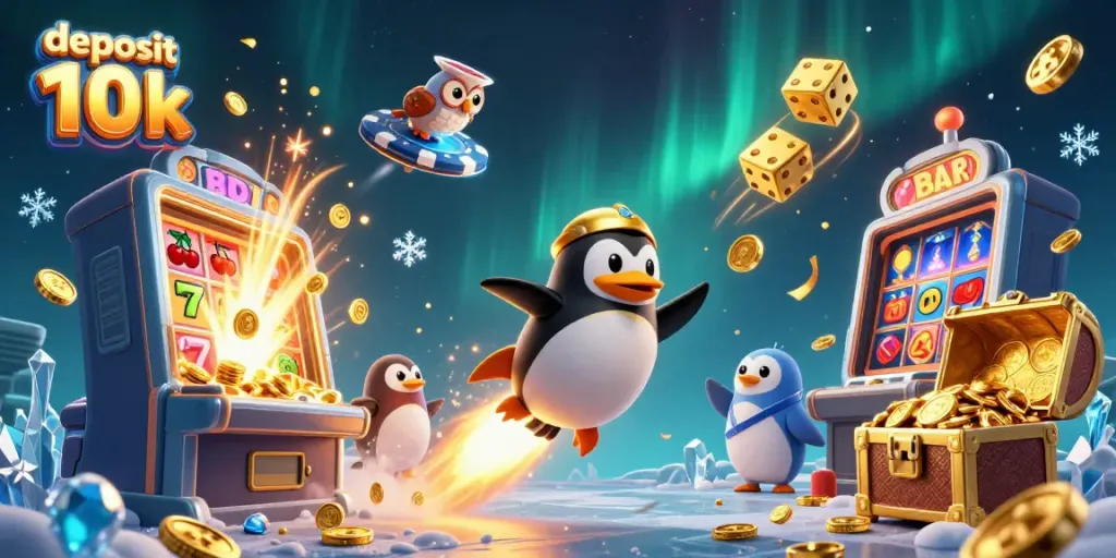 Visualisasi menarik tentang deposit 10k dengan penguin emas di kasino luar angkasa.