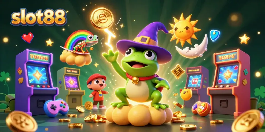 Experience the thrill of slot88 gaming with a whimsical 3D illustration showcasing a weather wizard frog and rainbow chameleon.