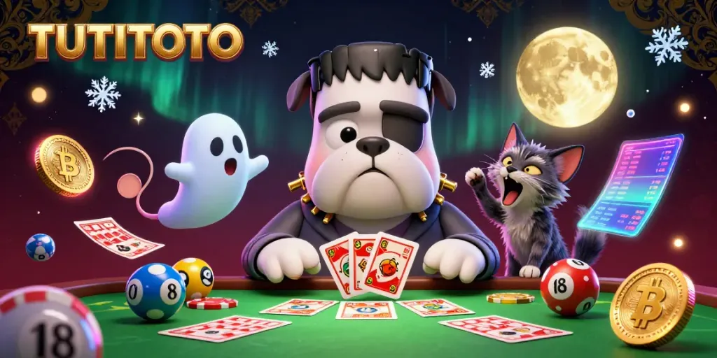 TUTITOTO promotes engaging lottery experiences with a cartoon Frankenstein bulldog and vivid elements.