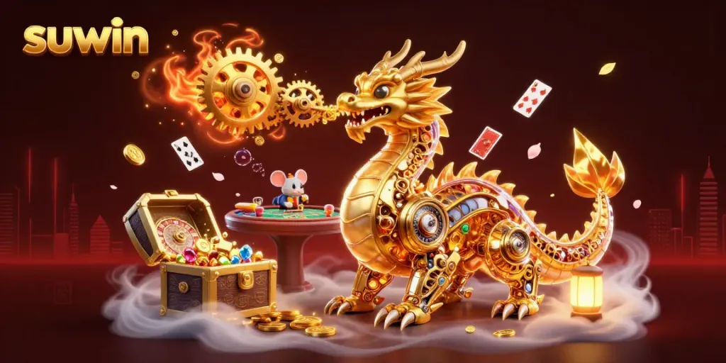 Engage with suwin's thrilling 3D casino adventure featuring a dragon and gold treasures.