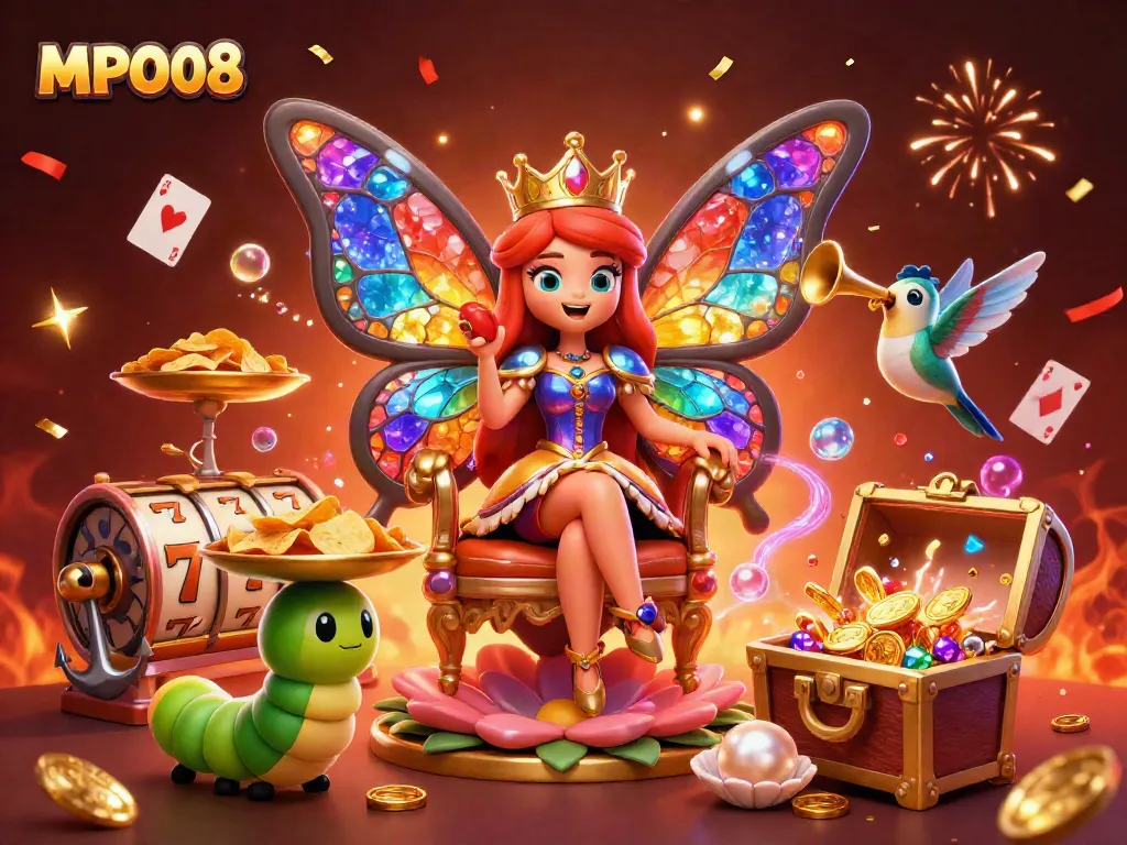 MPO08 engages players with thrilling slot games and vibrant casino elements in a colorful illustration.