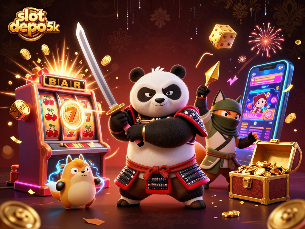 Spin the reels at slot depo 5k with a dynamic scene featuring a samurai panda and magical elements.
