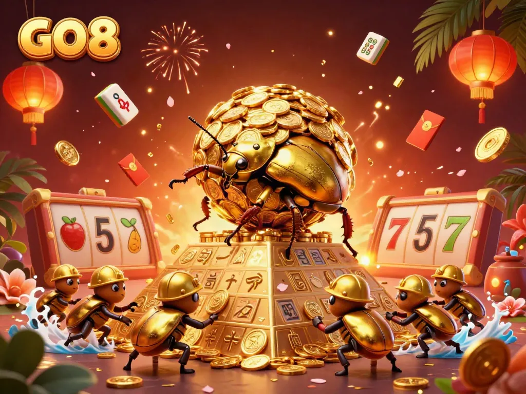 Explore the exciting world of GO 8 with vibrant casino elements and golden treasures blending seamlessly in this dynamic 3D illustration.