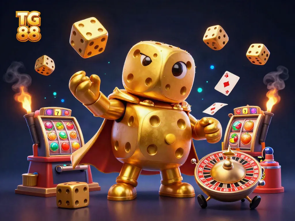 Engaging TG 88 illustration featuring a golden dice golem and vibrant slot elements for online gambling.