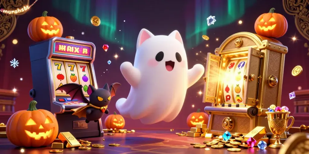 Experience the excitement of murahslot with a ghost cat and bat in a haunted casino, rich with vibrant prizes.