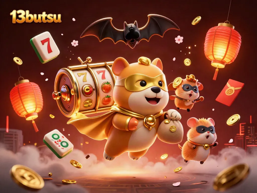 Engage with 13butsu's exciting online slots through a vibrant illustration of a superhero dog flying with gold coins.