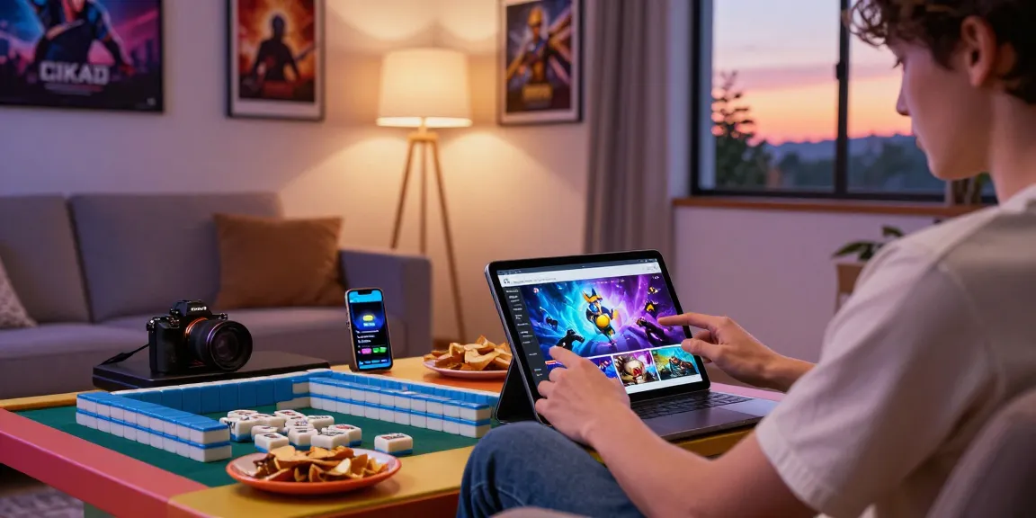 User enjoying CIKA4D online Mahjong application on a tablet in a cozy living room.