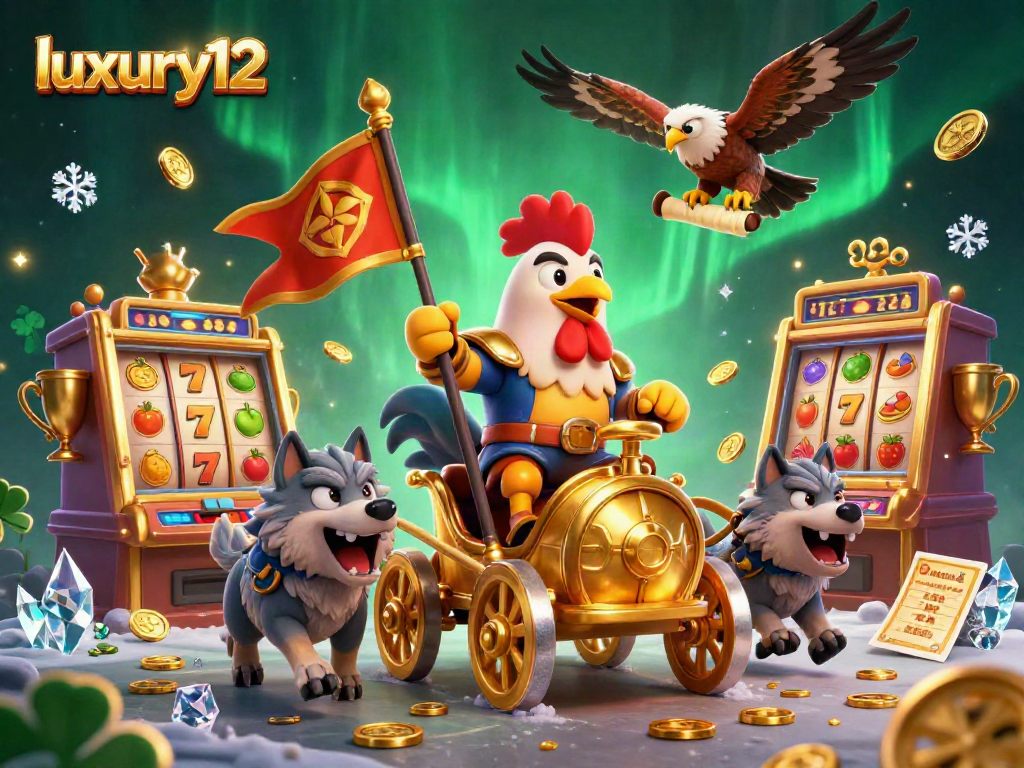 Experience thrilling wins with luxury12's captivating casino scene featuring a rooster warlord and slot machines.