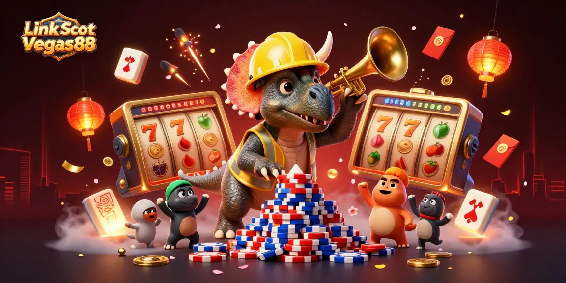 Engage with Link Slot Gacor Vegas88, celebrating wins in a vibrant 3D casino scene with colorful elements.