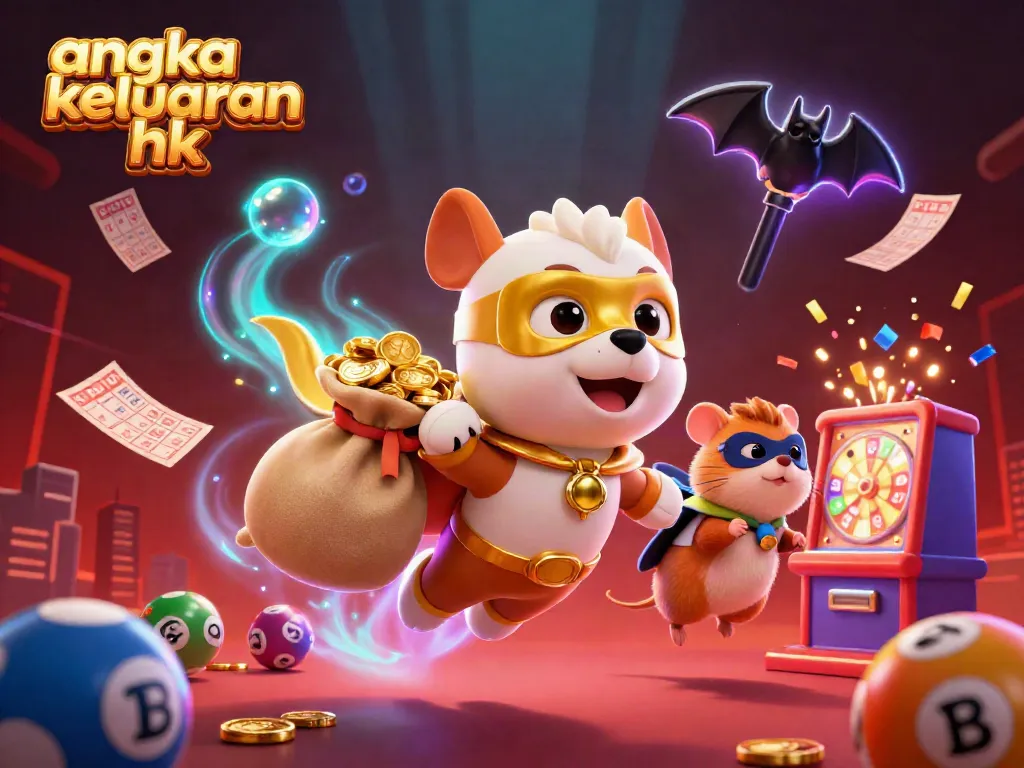 Angka keluaran hk ditampilkan dalam ilustrasi 3D petualangan dengan superhero anjing dan hamster dan elemen lotere.
