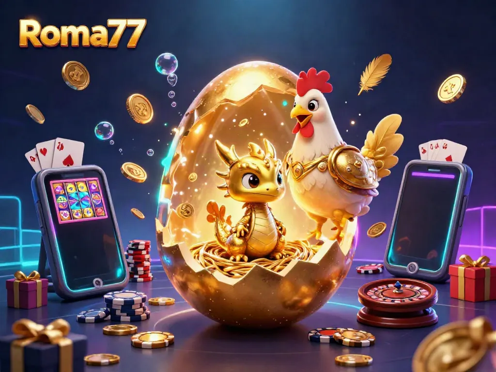 Immerse in Roma77's gaming world with a golden dragon and exciting slot games.