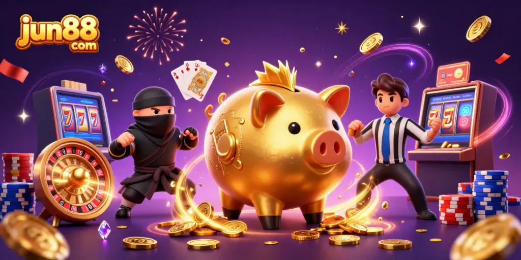 Experience fun at jun88 com with a 3D cartoon scene featuring a golden piggy bank warrior and dynamic casino visuals.