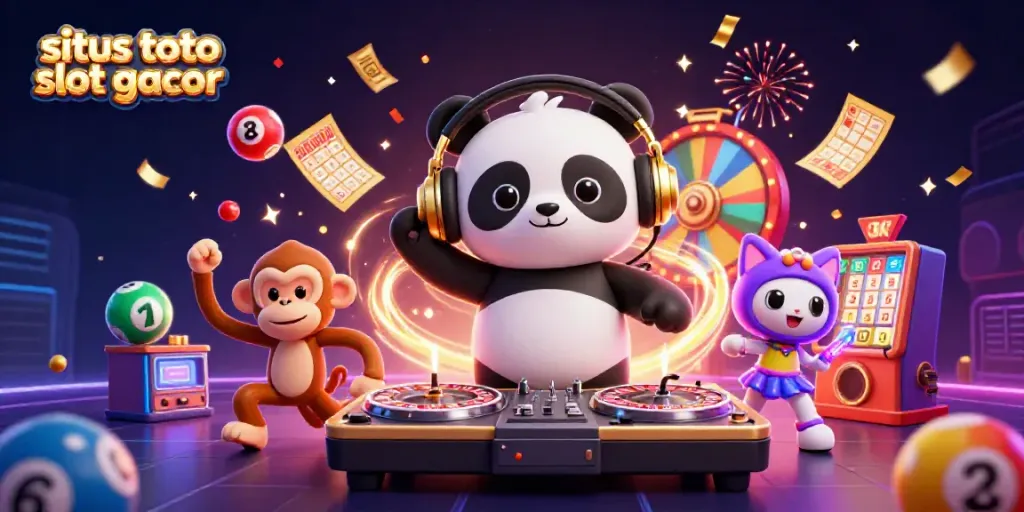 Gambaran visual dari situs toto slot gacor dengan DJ panda dan karakter lainnya di acara kasino yang meriah.