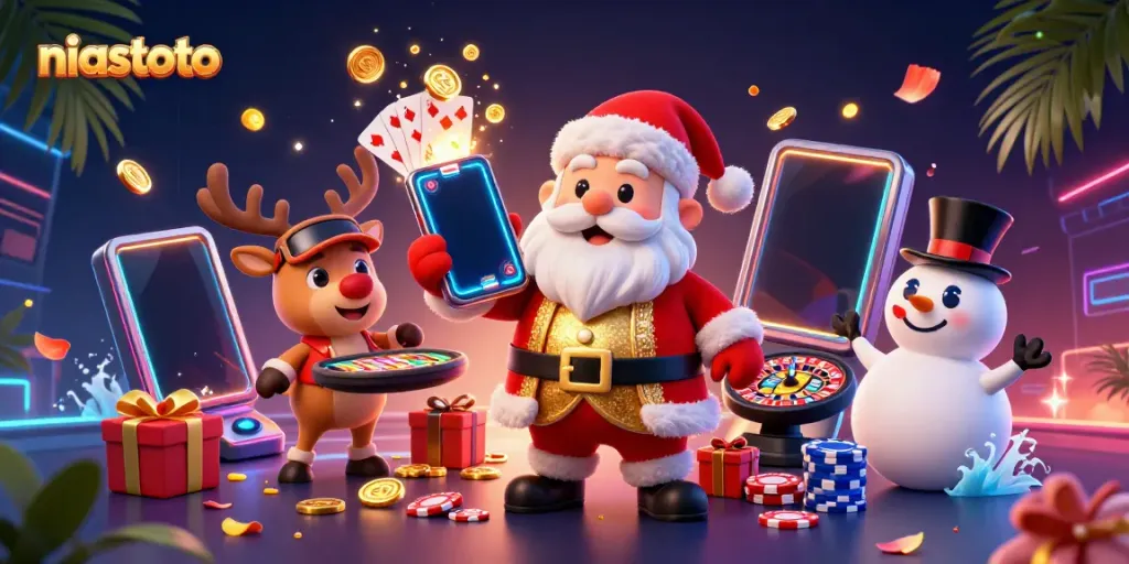 NIASTOTO showcases vibrant casino fun with Santa, reindeer, and a snowman, celebrating jackpot slots.