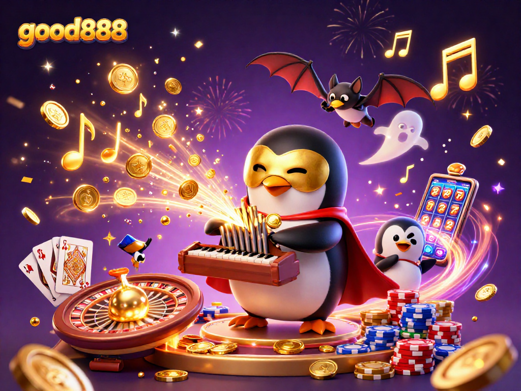 Experience thrilling gameplay at good888, with golden coins and vibrant action in a casino environment.