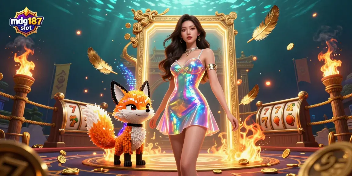 Experience the vibrant action of mdg187 slot with a dazzling scene of a woman and a colorful digital fox, surrounded by engaging game elements.